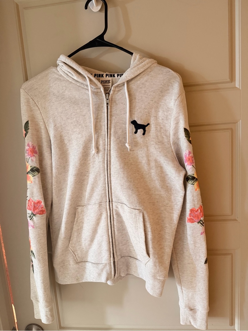 Victoria's Secret PINK Cream Zip-Up Hoodie with Floral Sleeve Embroidery